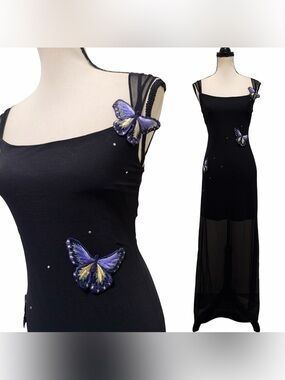 Vintage 90s Bari Jay Sheer Slip Dress with Purple & Yellow Butterfly Appliqués